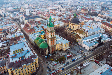 winter view of old church. birds eye view