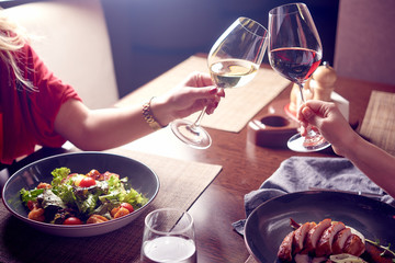 Beautiful young women with glasses of red and white wine in luxury restaurant. Dinner or lunch. Eating salads and meat. Celebrating or discussing business ideas