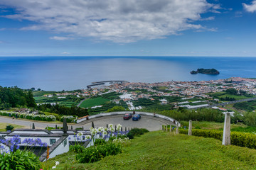 Erial view of Vila Franca do Campo town with its famous volcanic islet near the coast. - obrazy, fototapety, plakaty