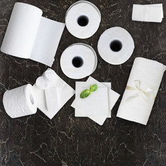 Paper tissue, white toilet  paper rolls, towels, napkins, cotton pads stacked on black marble table. Top view. Copy space.