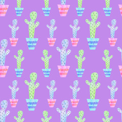 seamless background from graphic drawings colorful cacti in pots on a lilac background