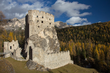 astle Andraz - Landscape of autumn Dolomites, Italy with Ruins of the castle Andraz