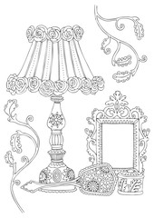 Interior accessories in the style of shabby chic: lamp, mirror, small mirror, box. Hand drawn picture. Sketch for anti-stress adult coloring book in zen-tangle style. Vector illustration.