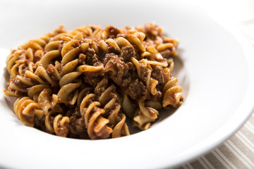 fusilli with ragu closeup