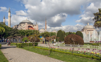 Fototapeta na wymiar Istanbul, Turkey, 3 May 2007: The Hagia Sophia and Sultanahmet Square