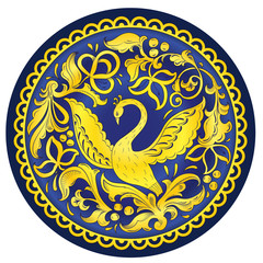 Traditional folk ornament of the Russian North with golden bird of happiness on blue background
