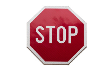Red octagonal stop traffic sign with text isolated on white background