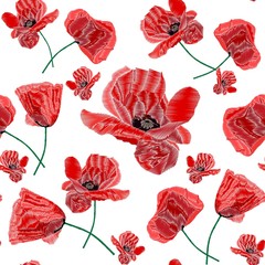 Poppy seamless pattern. Red poppies on white background. Flower poppy   for textile, wallpapers, wrapping paper, prints and web design. Vector illustration.