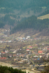 Alpine village in the mountains at sunset