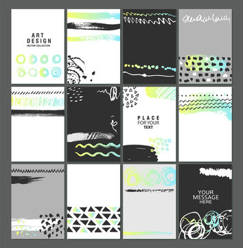 Set of creative universal art posters or cards. Hand Drawn textures. Universal vector background for poster, banners, flyers, card template.