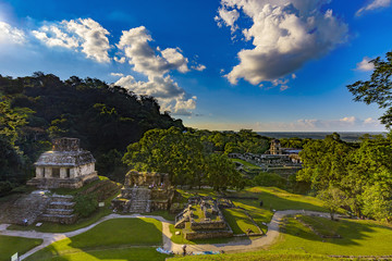 Mexico. Pre-Hispanic City and National Park of Palenque (UNESCO World Heritage Site). The Temple of the Sun, the Palace in the background - obrazy, fototapety, plakaty