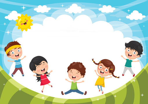 Vector Illustration Of Funny Kids Playing Outside