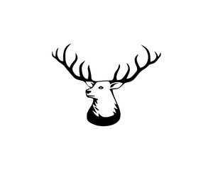 Black vector silhouette of deer's head with antlers isolated on white background.