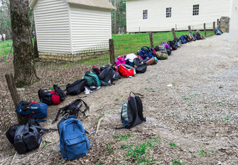Horizontal Shot of a Row of Backpacks in the Smoky Mountains National Park