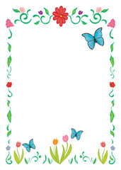 Border Frame of spring flowers and butterflies.