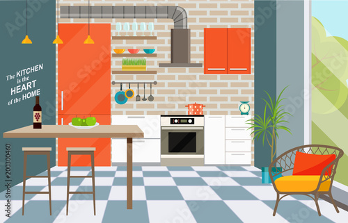 Kitchen Interior With Bar Counter Window Loft Interior