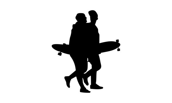  silhouette picture of guys and girls are walking carrying skateboard