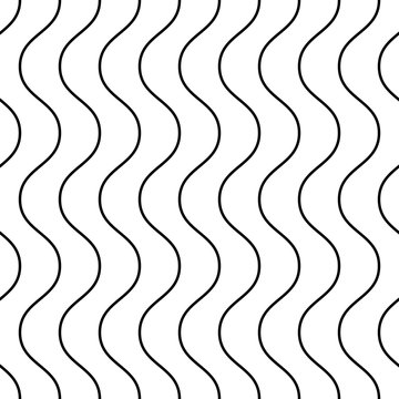 Vertical Thin Wavy Lines Vector Seamless Pattern. Subtle Monochrome Background, Simple Black & White Geometric Repeat Texture, Delicate Waves. Design For Decor, Banners, Invitations, Print Products