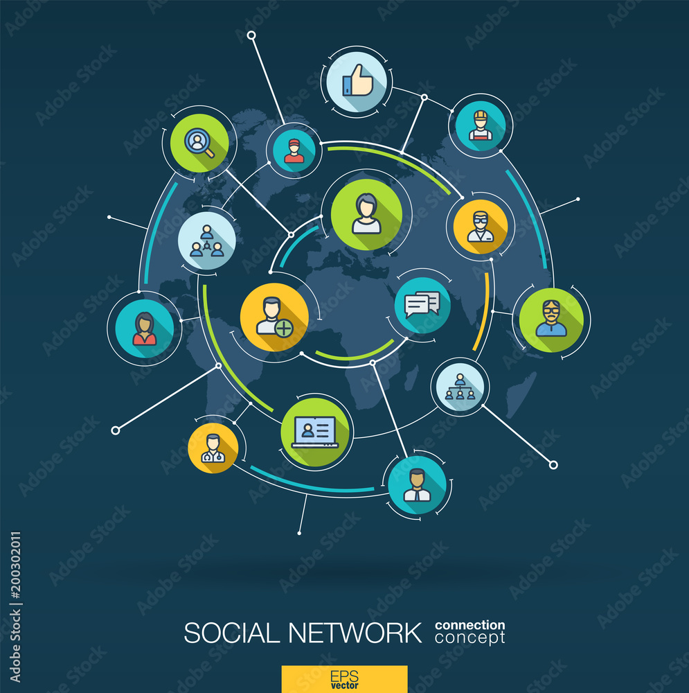 Poster abstract social network background. digital connect system with integrated circles, flat thin line i