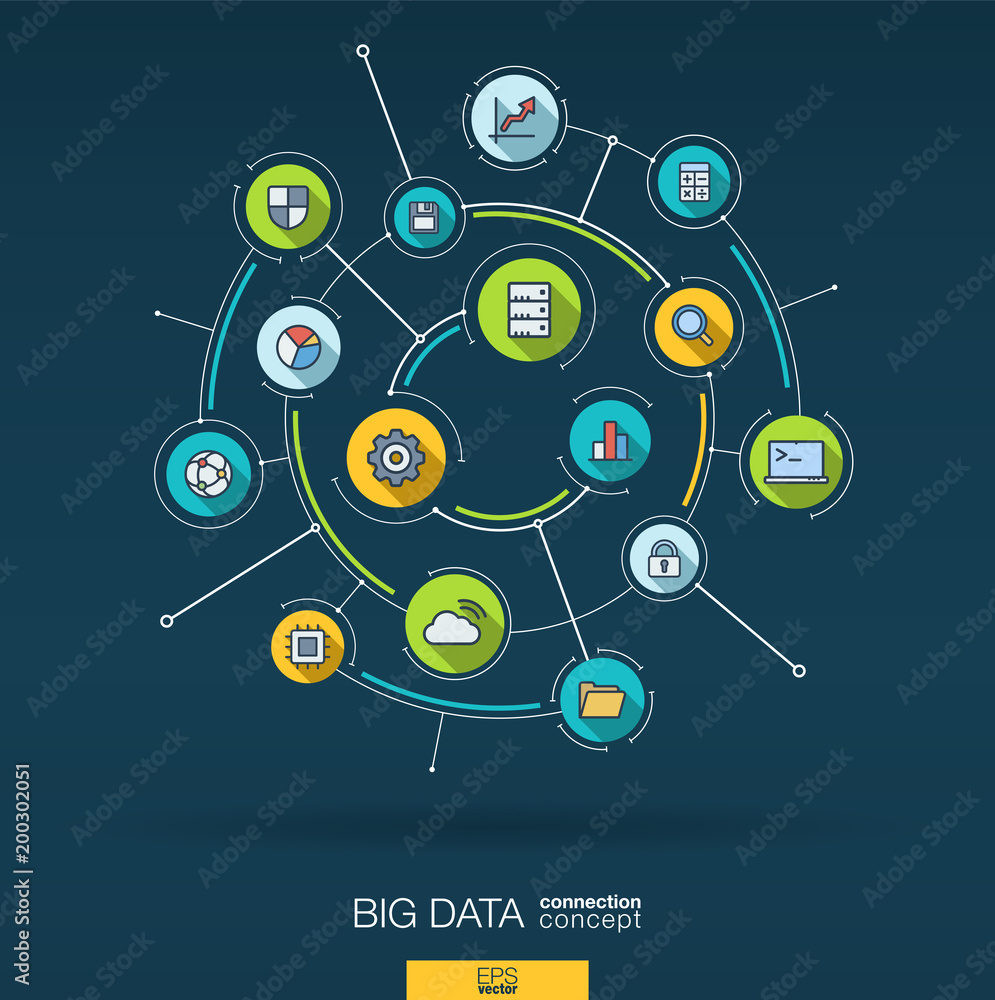 Poster abstract big data analytics background. digital connect system with integrated circles, flat icons. 