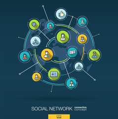 Naklejka na ściany i meble Abstract social network background. Digital connect system with integrated circles, flat thin line icons, long shadows. Network interact interface concept. Vector infographic illustration