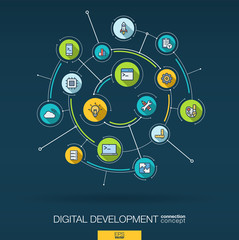 Abstract development, programming background. Digital connect system with integrated circles, flat thin line icons, long shadows. Network interact interface concept. Vector infographic illustration