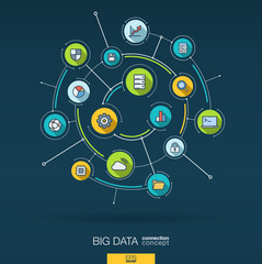 Naklejka na ściany i meble Abstract big data analytics background. Digital connect system with integrated circles, flat icons. Network interact interface concept. Storage center, bigdata vector infographic illustration