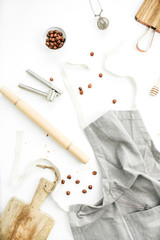 Food ingredients in kitchen on white background. Cooking concept. Flat lay, top view.