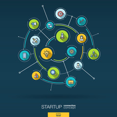 Abstract startup project, development background. Digital connect system, integrated circles, flat icons. Network interact interface concept. Idea bulb, rocket launch vector infographic illustration