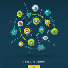 Naklejka na ściany i meble Abstract business strategy background. Digital connect system with integrated circles, flat thin line icons, long shadows. Network interact interface concept. Vector infographic illustration