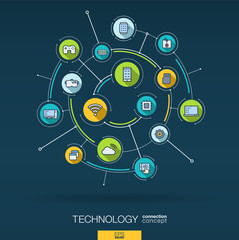 Abstract wireless technology background. Digital connect system with integrated circles, flat icons, long shadows. Network interact interface concept. Smart computing vector infographic illustration
