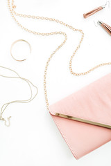 Fashion woman pink accessory set. Flat lay, top view.