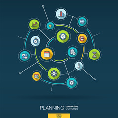Abstract time management, planning background. Digital connect system with integrated circles, flat icons. Network interact interface concept. Business strategy, plan vector infographic illustration