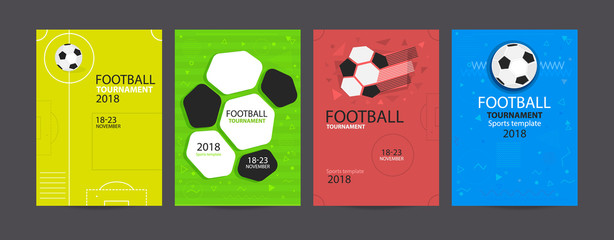 Set of football designs. Collection of bright sports posters, tournament, geometric background. Soccer ball.