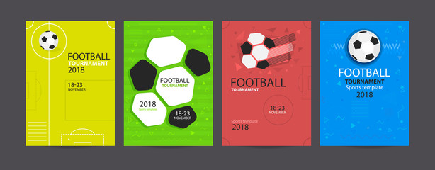 Set of football designs. Collection of bright sports posters, tournament, geometric background. Soccer ball. © SportArtGame