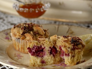 Raspberry Muffins, Rose, Lemon and Almonds