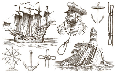 Skipper with pipe. Lighthouse and sea captain, marine sailor, nautical travel by ship. engraved hand drawn vintage style. summer adventure. Seagoing vessel and rope knots. Boat wheel and anchor.