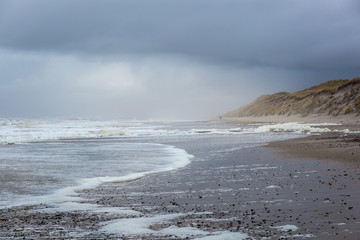 Beach of Sondervig near Hvide Sande on a cloudy winter day
