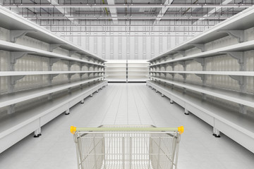Store interior with empty shopping cart