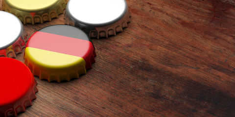 Octoberfest, Germany. Beer cap with German flag on wooden background, copy space. 3d illustration