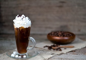  Iced coffee with ice cream, whipped cream and  marshmallows
