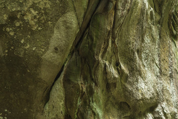 Beautiful relief and texture of stone with patterns. Stone background. Photographed on a sunny day in the spring in the Ukrainian Carpathians. Stone wallpaper. 