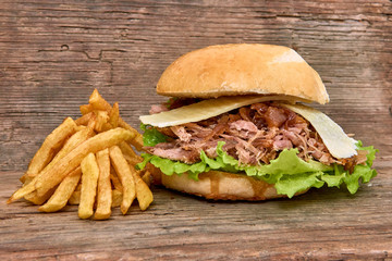 Barbeque Pulled pork Sandwich with green salad,caramelized onion,cheese,Sauce and Fries on wooden background,Fast food