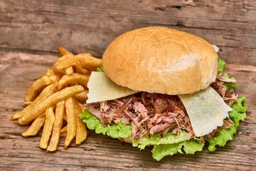 Barbeque Pulled pork Sandwich with green salad,caramelized onion,cheese,Sauce and Fries on wooden background,Fast food