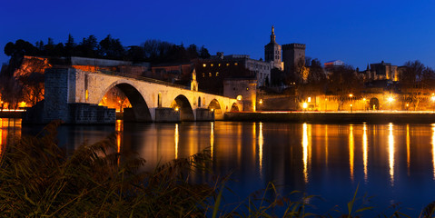 Avignon Bridge with Popes Palace, Pont Saint-Benezet at dusk