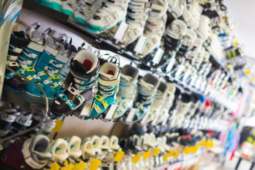 Fototapeta premium Image of ski boots for skiing in sport store