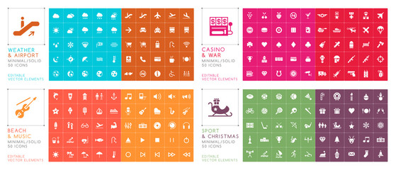 Set of 200 Universal Icons on Color Backgrouns ( Weather , Airport , Casino , War , Beach , Music , Christmas and Sport ) . Isolated Elements