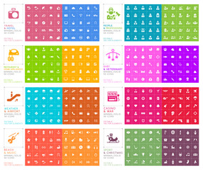 Set of 400 Minimal and Solid Icons on Color Background ( Hotel Travel People Professions Restaurant Home Appliances Baby and Veterinary ) . Vector Isolated Elements