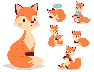 Fox character doing different foxy activities funny happy nature red tail and wildlife orange forest animal style graphic vector illustration.