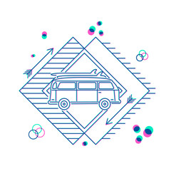 Retro summer car with surfboard flat line art icon